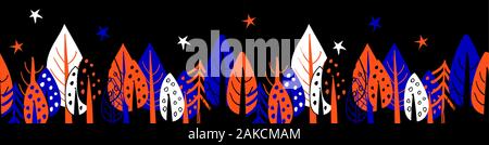 Seamless border with trees. Picture tree. Design of packing tape or print on fabric. Bright Scandinavian style. Blue and orange tseta on a white Stock Vector