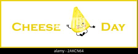 Horizontal banner. Postcard to the day of cheese. Cute cheesy character on a white background.. Stock Vector