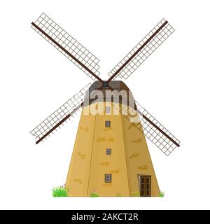 Windmill isolated on white background. Traditional rural house mill with propeller. Cartoon flat building. Ecology, wind renewable energy. Vector Stock Vector