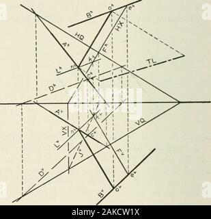 Descriptive geometry . is also in Q, and since L is not parallel to A becauseB is not, L and A will intersect in a point, n. Let the per-pendicular ek come to rest when point k coincides with point n.The line will then be in the position on, intersecting both Aand B and perpendicular to each. Hence on is the commonperpendicular required. The actual distance between thelines A mid Ji may ho found by measuring the length ofeither ek or on. 156 DESCRIPTIVE GEOMETRY [XVI, § 144 Construction (Fig. 237). Let A and B be the given lines.Through A pass the plane Q, parallel to B (Prob. 7, § 107).To do
