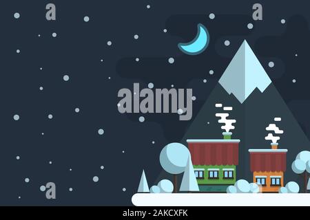 Winter night landscape. Houses on a background of mountains. Vector flat illustration. Stock Vector