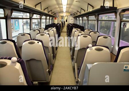 Interior of Northern Rail Class 144 'Pacer' diesel multiple unit train shortly before withdrawal from service in 2020. York, UK.