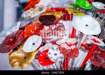 Background of glass petals.Glass Flower . Decoration Background.Multicolored glass round flower petals. Stock Photo