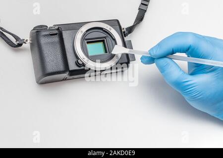Cleaning the digital camera matrix. Digital camera service. The master in gloves cleans the matrix of the digital camera from contamination with a mop Stock Photo
