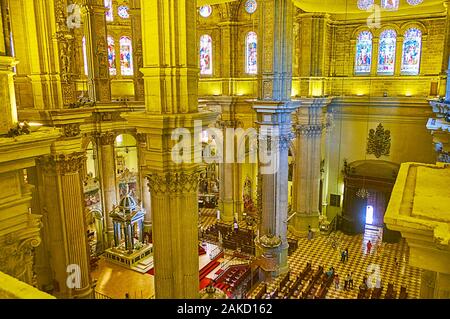 MALAGA, SPAIN - SEPTEMBER 26, 2019:  The view on prayer hall of Malaga Cathedral from it's upper terrace, on September 26 in Malaga Stock Photo