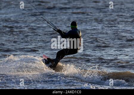 Kite surfing at Llandudno West Shore, North Wales coast Stock Photo