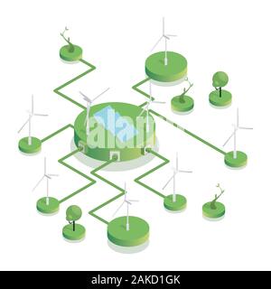 Eco friendly wind farm isometric illustration. Sustainable power sources, wind turbines and photovoltaic batteries generating electricity. Alternative energy industry, nature preservation concept Stock Vector