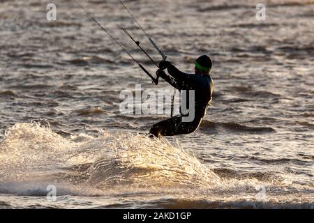 Kite surfing at Llandudno West Shore, North Wales coast Stock Photo
