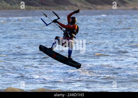 Kite surfing at Llandudno West Shore, North Wales coast Stock Photo