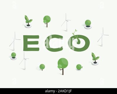 Eco word concept banner vector template. Environmentally safe technology and power sources use idea, alternative energy industry poster design. Wind turbines and green trees isometric illustration Stock Vector