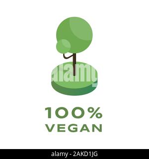 Lush green tree isometric vector illustration. Plant with 100 percent vegan inscription, product natural quality assurance label design element. Vegetarian diet, healthy organic nutrition concept Stock Vector