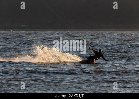 Kite surfing at Llandudno West Shore, North Wales coast Stock Photo