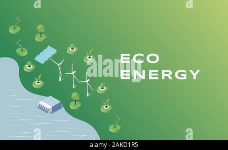 Eco energy flat banner vector template. Natural and renewable power sources use idea, alternative energy industry poster concept. Water dam, wind turbines and solar panels isometric illustration Stock Vector
