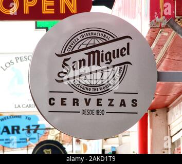 Torremolinos, Spain. 8th Jan, 2020. San Miguel beer sign seen outside a bar in Costa del Sol. Credit: Keith Mayhew/SOPA Images/ZUMA Wire/Alamy Live News Stock Photo