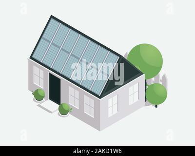House with solar batteries isometric illustration. Modern sustainable architecture, nature conservation, ecology protection concept design element. Home powered by photovoltaic panels Stock Vector