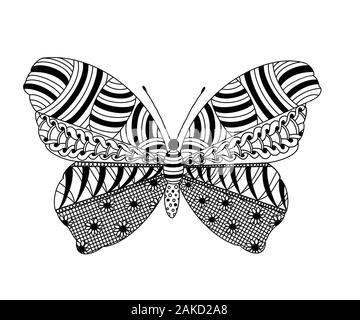 Coloring from zentangle patterns in the form of a butterfly. Application in printed materials, creating coloring pages for children and adults. Stock Photo