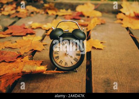 Retro styled photo. Vintage black alarm clock on autumn leaves. Time change abstract photo. Daylight saving time. Stock Photo