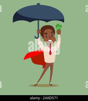 Superhero holding umbrella to protect money. Stock Vector