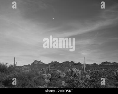 Superstition Mountain and area scenery in black and white east of Phoenix, Arizona. Stock Photo