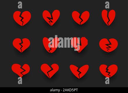 Broken hearts icons collection, heart crack, unlove symbol. Divorce, relationship crisis, family problems signs. Red vector icons set on black Stock Vector