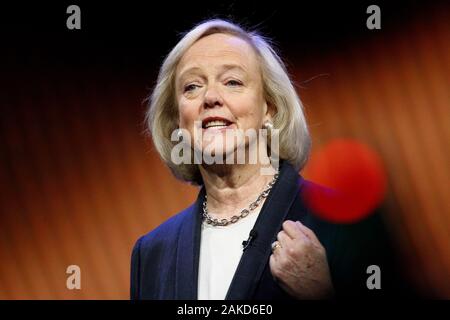 Las Vegas, United States. 08th Jan, 2020. Meg Whitman speaks on staage during the Quibi Keynote address at the 2020 International CES, at the Park MGM Theatre in Las Vegas, Nevada on Tuesday, January 8, 2020. Photo by James Atoa/UPI Credit: UPI/Alamy Live News Stock Photo