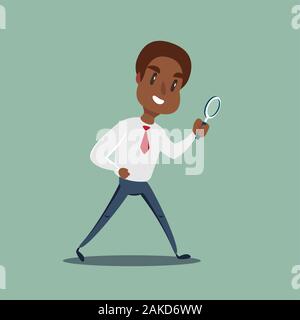 Manager character looking through a magnifying glass. Stock Vector