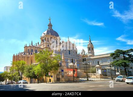 View from Calle de Bailen street of Cathedral de la Almudena. Madrid, Spain Stock Photo