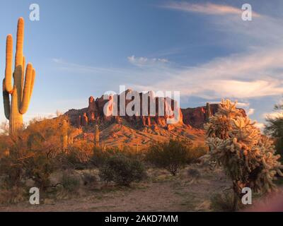 Sunset view of Superstition Mountain near Apache Junction, Arizona and the Tonto National Forest.