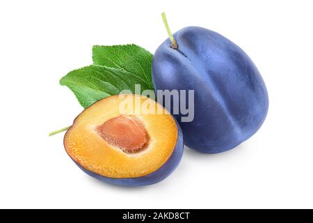 fresh blue plum and half with leaves isolated on white background Stock Photo
