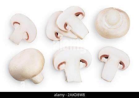 Fresh mushrooms and slices isolated on white background with clipping path . Top view. Flat lay. Stock Photo