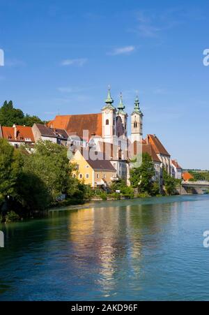 River Enns, St. Michael's Church and Buergerspital Church, Steyr, Upper Austria, Austria Stock Photo