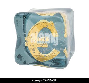 Euro symbol frozen in ice cube, 3D rendering isolated on white background Stock Photo