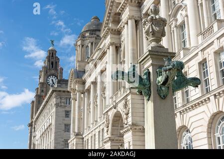 Royal Liver, Cunard and Port of Liverpool Buildings, Liverpool Pier Head, Liverpool, Merseyside, England, United Kingdom Stock Photo
