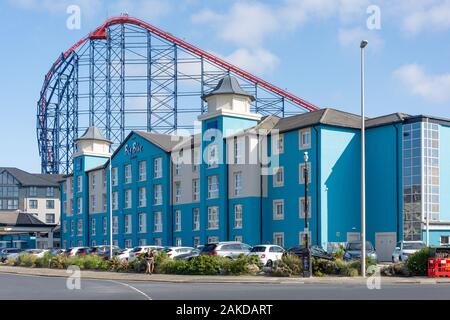 The Big Blue Hotel and The Big One roller coaster, Clifton Drive, Blackpool, Lancashire, England, United Kingdom Stock Photo
