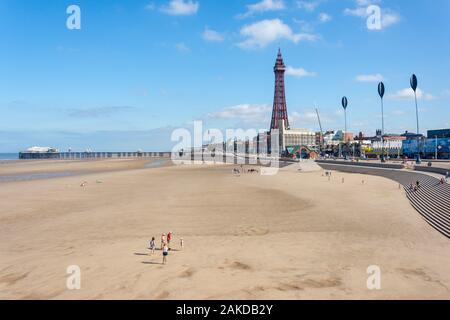 Beach promenade showing The Blackpool Tower, Blackpool, Lancashire, England, United Kingdom Stock Photo