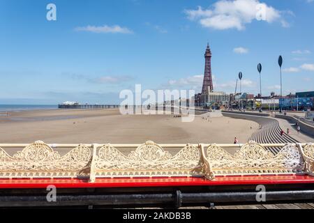 Blackpool Beach from Central Pier, Promenade, Blackpool, Lancashire, England, United Kingdom Stock Photo