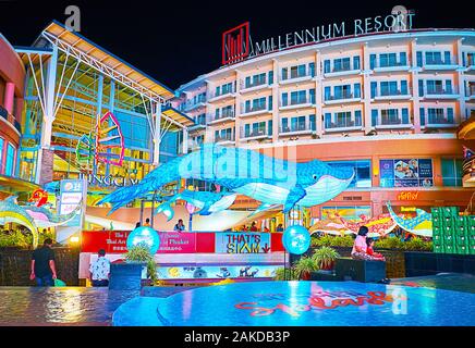 PATONG, THAILAND - MAY 1, 2019: The walking zone in front of Jungceylon shopping center and Millenium Resort hotel, decorated with installation of gia Stock Photo