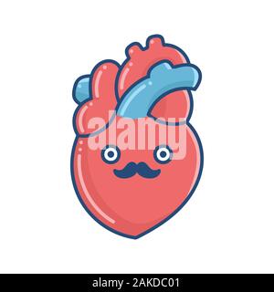 kawaii mustache human heart illustration isolated on white Stock Vector