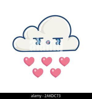 kawaii sad cloud raining hearts illustration isolated on white Stock Vector