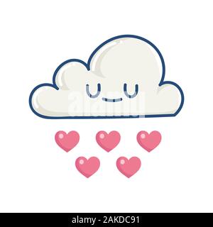 kawaii cloud raining hearts illustration isolated on white Stock Vector
