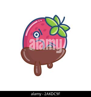 kawaii angry covered chocolate strawberry icon isolated on white Stock Vector