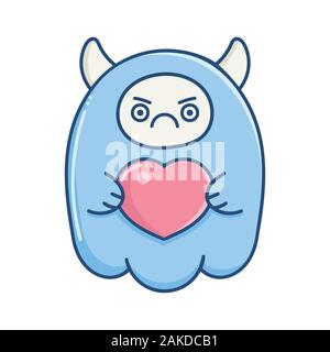 kawaii angry sad valentine monster holding heart isolated on white Stock Vector