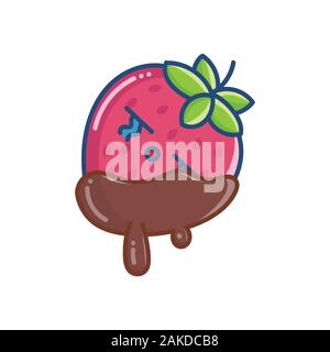 kawaii sad covered chocolate strawberry icon isolated on white Stock Vector