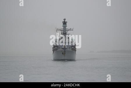 Royal Navy Type 23 frigate HMS Westminster arrives back into Portsmouth. PA Photo. Picture date: Wednesday January 8, 2020. Photo credit should read: Andrew Matthews/PA Wire Stock Photo