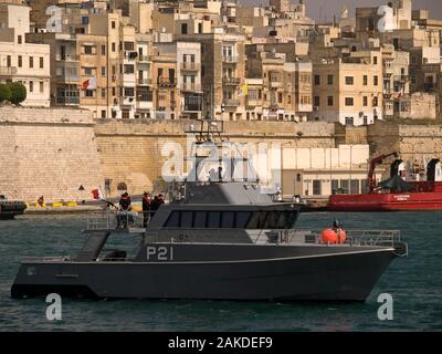 VALLETTA, MALTA - APR18-  Armed Forces of Malta Patrol Boat P21 patrolling the Grand Harbour April 18, 2010 Stock Photo