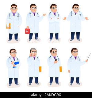 Flat doctor male character set on white background. Young Caucasian physician in white coat. Face emotions poses gestures facial expressions. Cartoon Stock Vector
