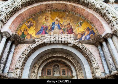 The facade of St Marks Basilica featuring The Last Judgement in Venice Italy Stock Photo