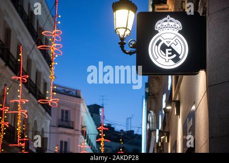 Spanish professional football club team Real Madrid Club de Fútbol commonly known as Real Madrid brand store and logo seen in Madrid. Stock Photo