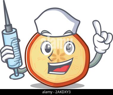 Smiley Nurse apple chips cartoon character with a syringe Stock Vector