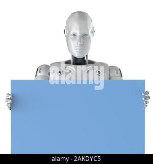 3d rendering female cyborg or robot with blue blank paper isolated on white Stock Photo